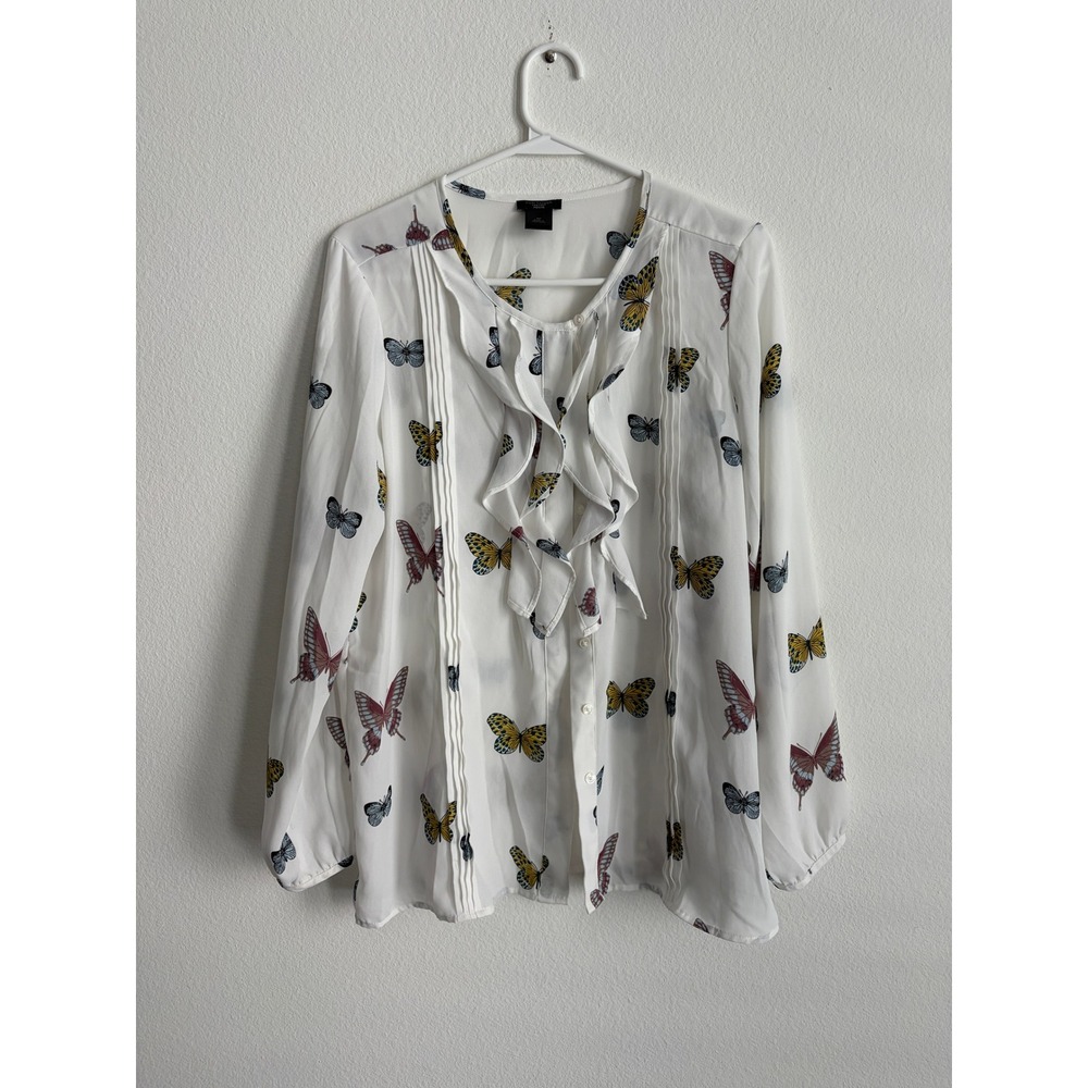 Ann Taylor Factory Petite Butterfly Print Ruffle Pintuck Blouse White MP